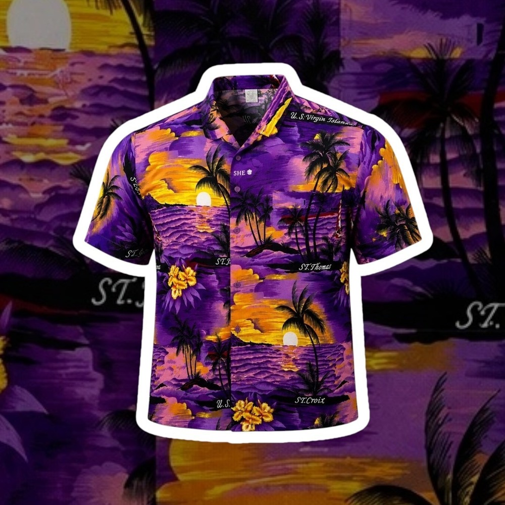 Vintage Rina Hawaiian Shirt L Purple Terivoile St Thomas St John St Croix